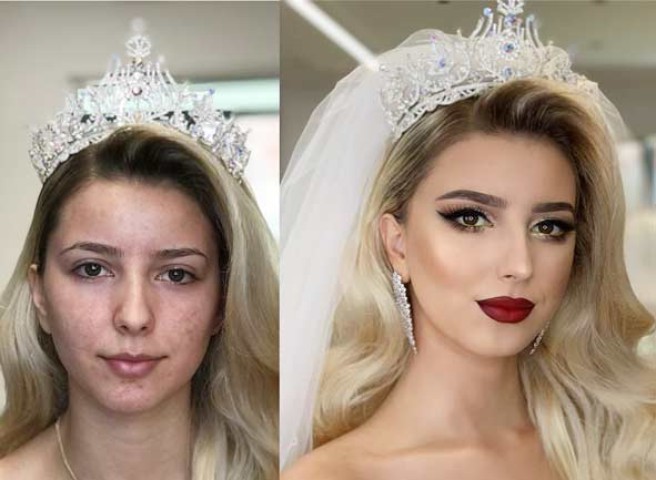قبل و بعد آرایش عروس در آموزشگاه آرایشگری زنانه گل گیس تهرانپارس (شرق تهران)