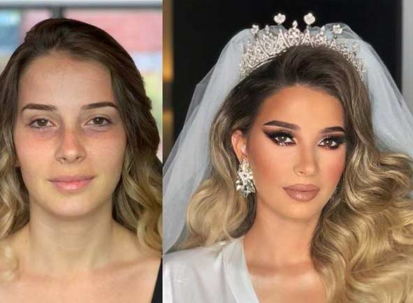 قبل و بعد آرایش عروس در آموزشگاه آرایشگری زنانه گل گیس تهرانپارس (شرق تهران)