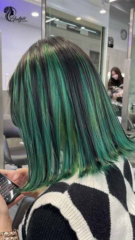 مدل هایلایت سبز روی موی مشکی اسپرت